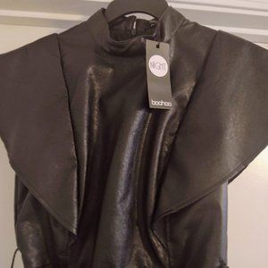 pu belted frill shoulder bodycon dress